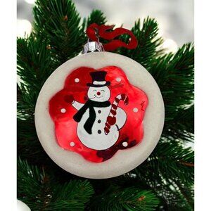 Vintage Flocked Happy Snowman Christmas Tree Ornament with Red Accents